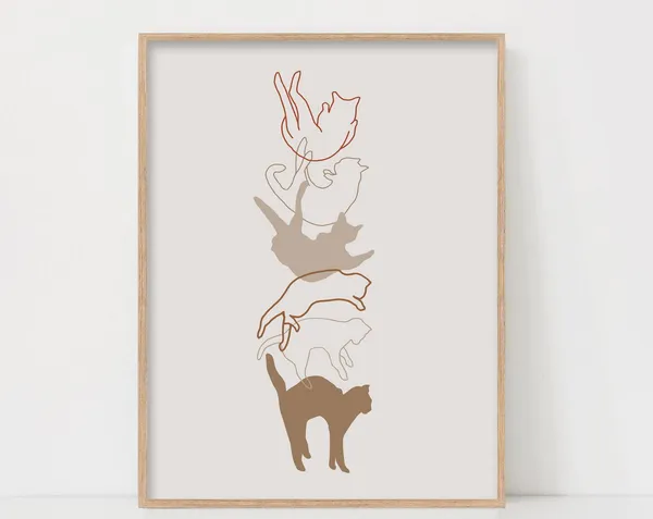 Minimalist Cat Line Art Print, Modern Boho Decor
