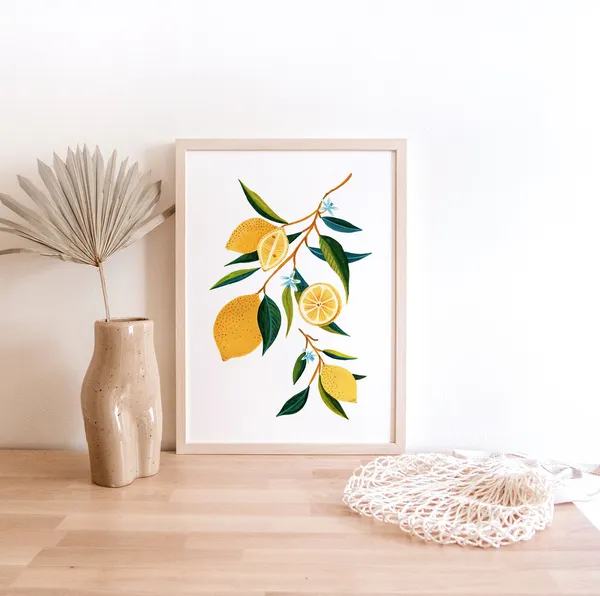 Lemon Print Kitchen Decor, Botanical Art Print