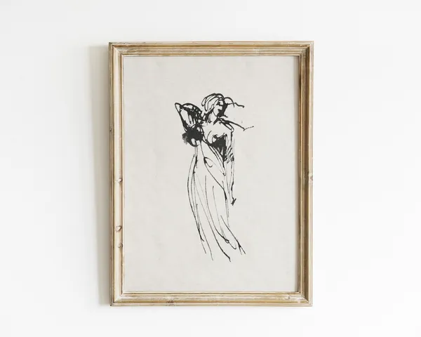 Vintage Sketch Woman Drawing Art Print, Abstract Line Art