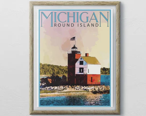 Michigan Vintage Travel Poster, Lighthouse Wall Art