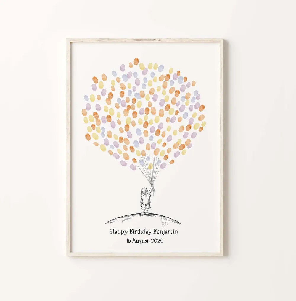 Baby Boy Sketch Guest Book, Fingerprint Balloon Art Print