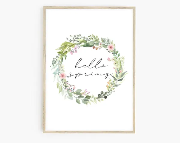 Hello Spring Watercolor Floral Wreath Art Print
