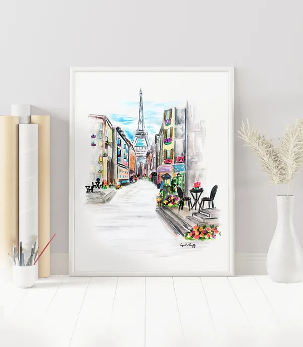 Paris Watercolor Skyline, Eiffel Tower Travel Poster