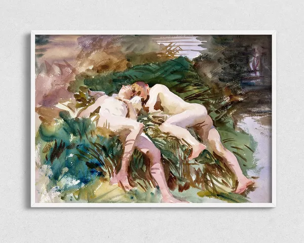 Vintage Sleeping Couple Antique Watercolor Art Print