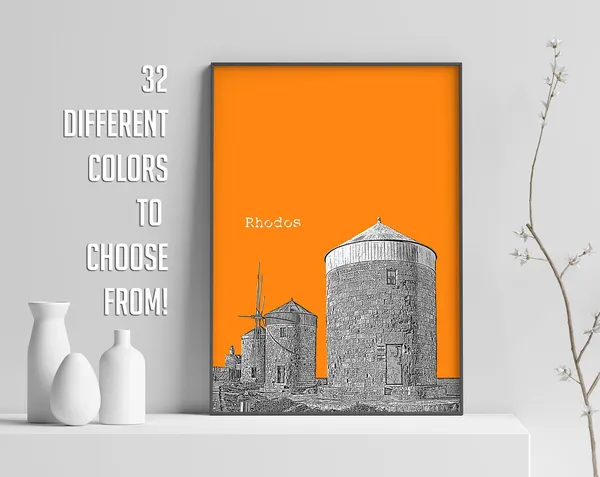Rhodos Island Greece Skyline Windmill Poster, Modern Travel
