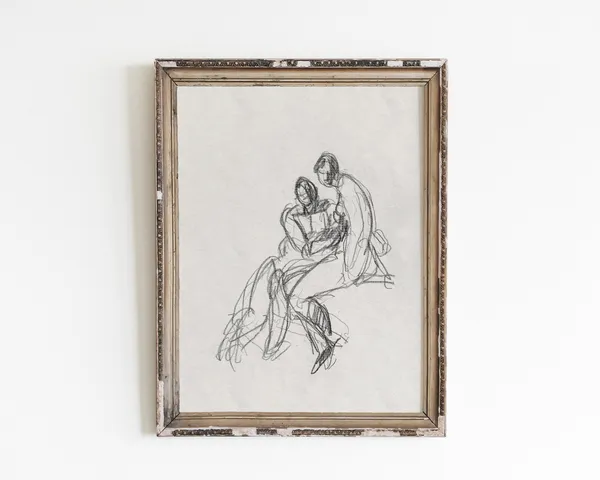Man Woman Couple Line Art, Vintage Sketch Print