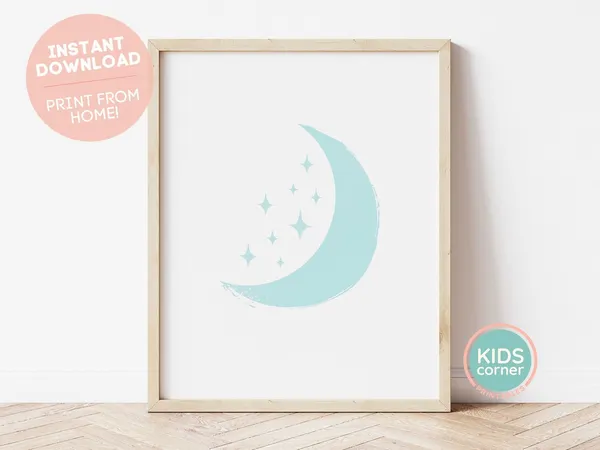 Blue Moon And Stars Art Print, Nursery Decor