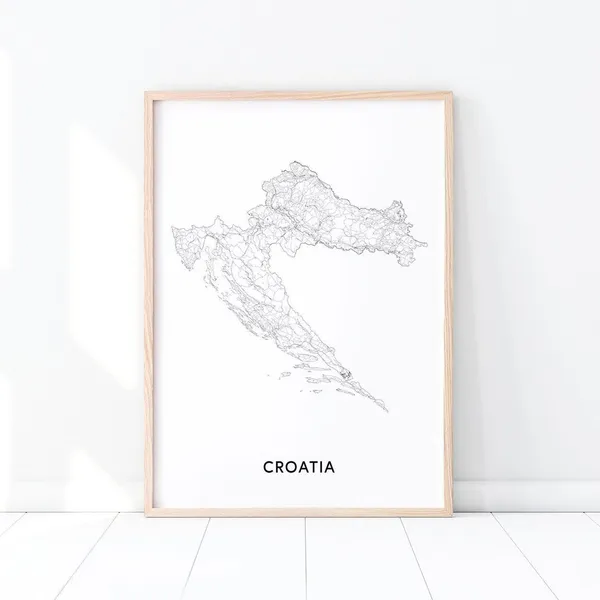 Croatia Map Print, Black and White Minimalist