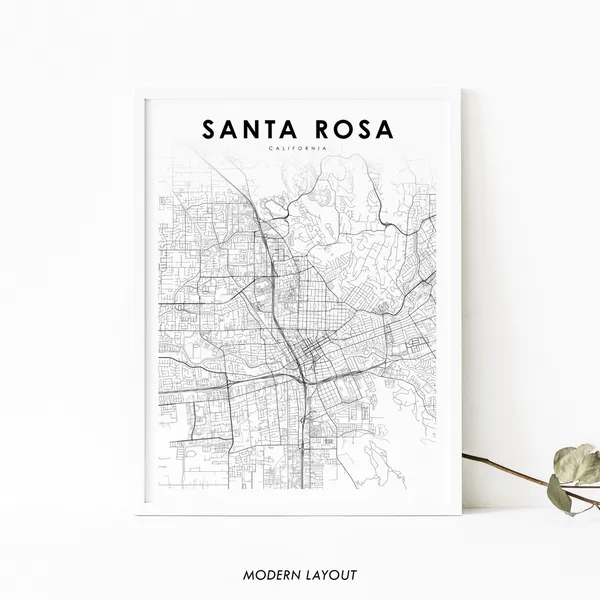 Santa Rosa CA Map Art Print, Sonoma City Map