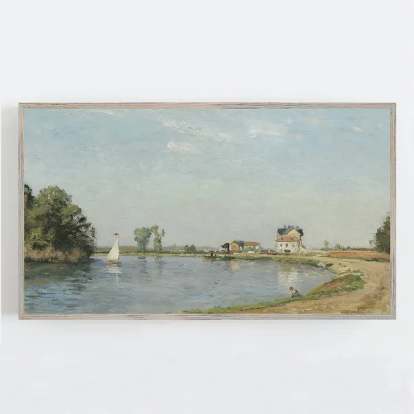Vintage River Landscape Art Print, Farmhouse Decor