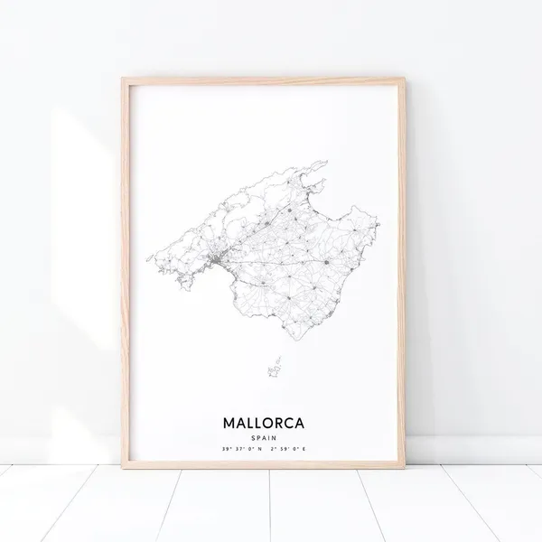 Mallorca Map Print, Black White Minimalist Travel Poster