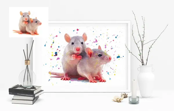Couple Rats Custom Pet Portrait, Watercolor Art