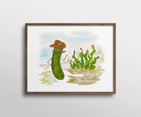 Whimsical Pickle With Stetson Cowboy Hat, Art Print