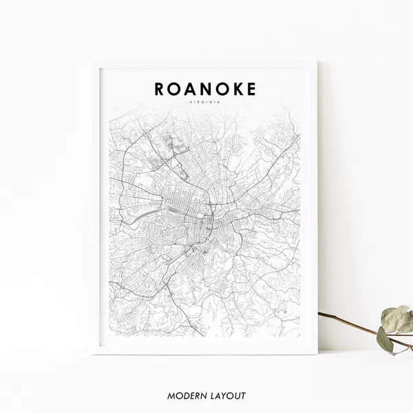 Roanoke VA Map Print, Virginia City Poster