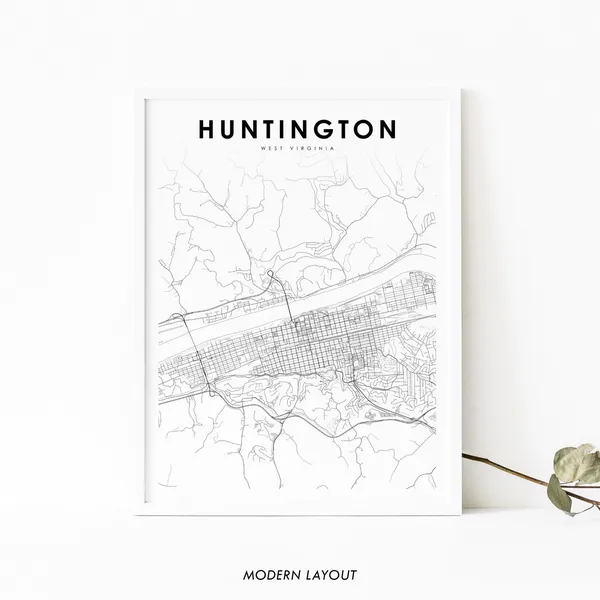 Huntington WV Map Art Print, West Virginia City Street Road