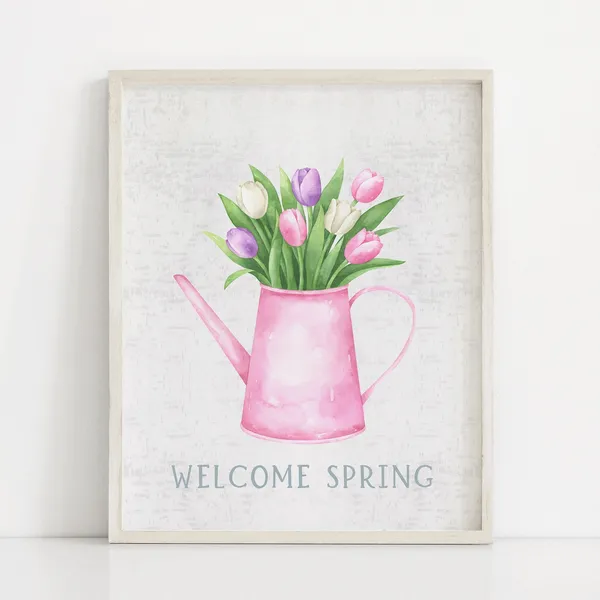 Welcome Spring Tulips In Watering Can Art Print