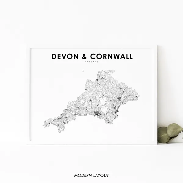 Devon Cornwall England Map Poster, UK Road Art