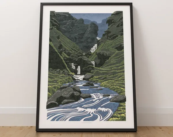 Iceland Uxaftafoss Waterfall Landscape Travel Poster