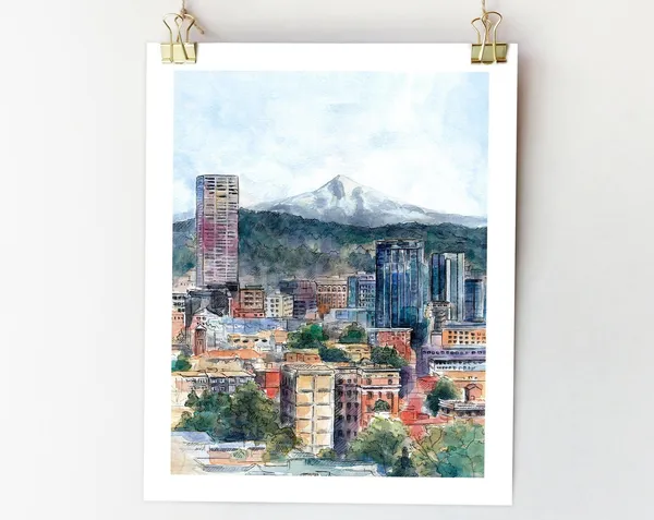 Portland Oregon Art Print, Mount Hood Watercolor Travel Poster
