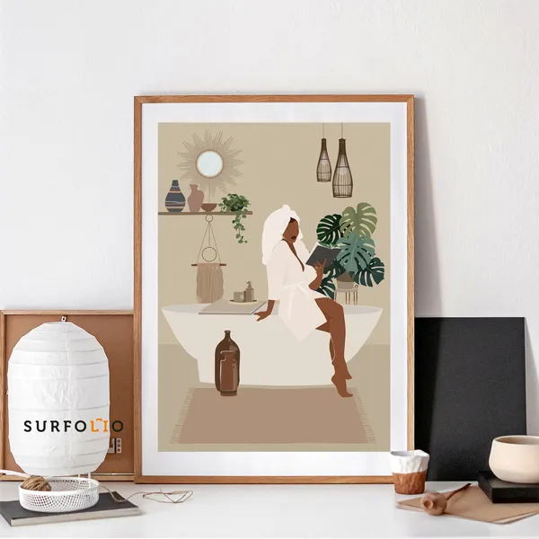 Black Woman Bath Floral Bathtub Reading Art Print