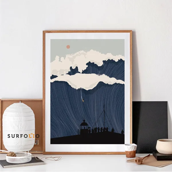 Nazare Waves Line Art Poster, Minimalist Surfing