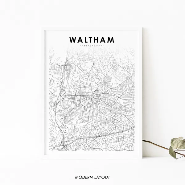Waltham, MA Map Print, Massachusetts Travel Poster