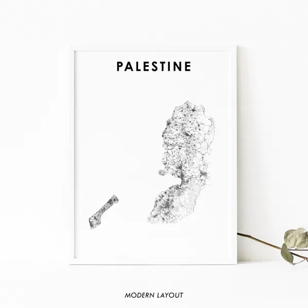 Palestine Map Road Poster, Jerusalem Ramallah Gaza City