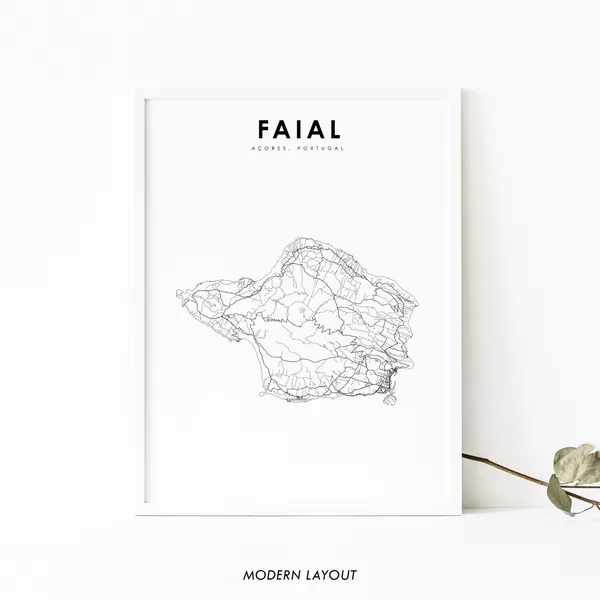 Faial Island Azores Map Print, Portugal Road Poster