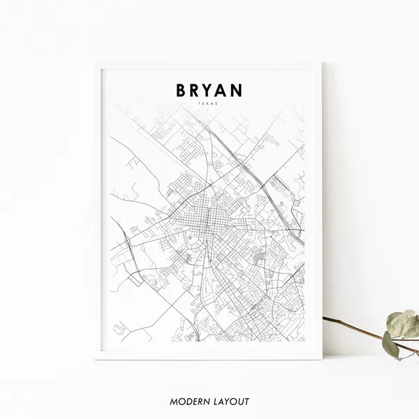 Bryan TX Map Print, Texas USA Travel Poster