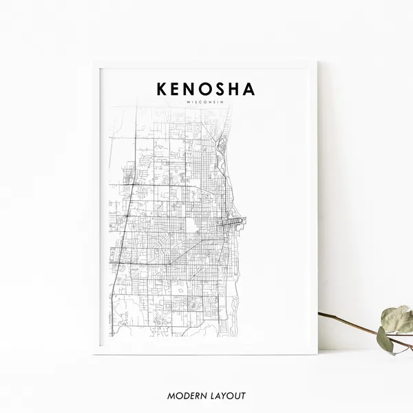 Kenosha WI Map Print, Wisconsin City Street Poster