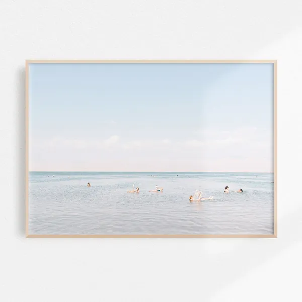 Serene Beach Swimming Print, Blue Bathroom Art