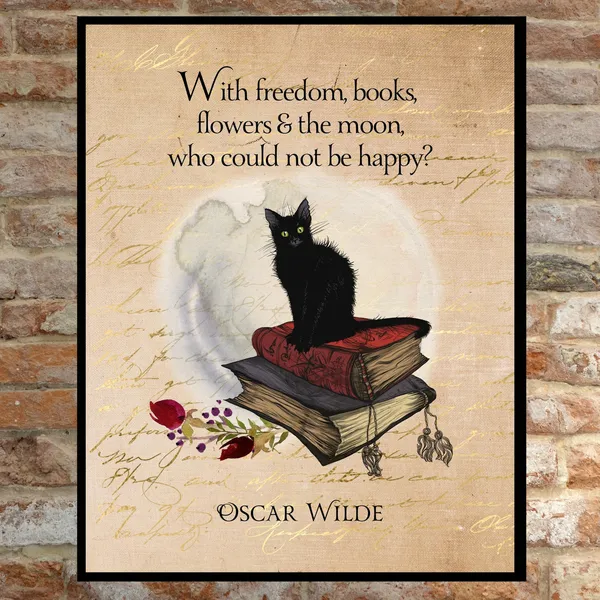 Oscar Wilde Quote Art Print, Books, Flowers and Moon