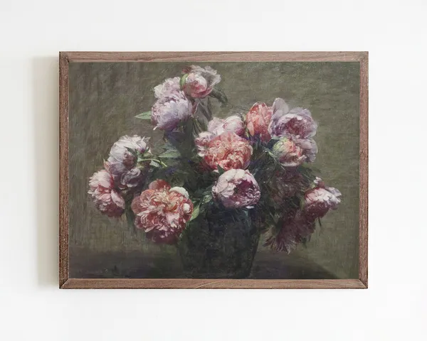 Vintage Peony Flower Painting, Farmhouse Art Print