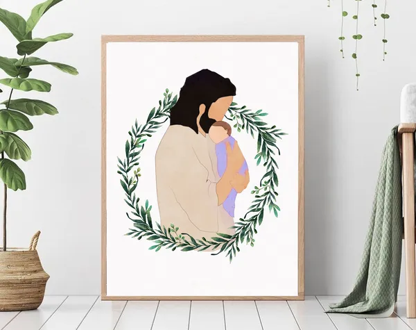 Jesus Christ Holding Baby Boy Watercolor Art Print