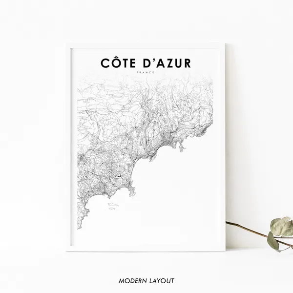 Cote Dazur France Map Art Print, French Riviera