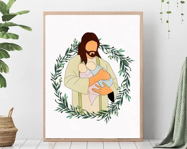 Christ Holding Twin Babies, Infant Loss Watercolor Art Print
