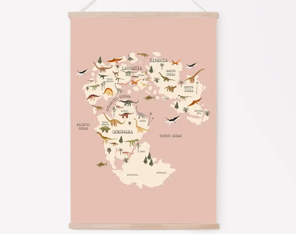 Dinosaur World Map Nursery Art Print, Boho