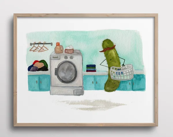 Whimsical Pickle Doing Laundry Watercolor Art Print
