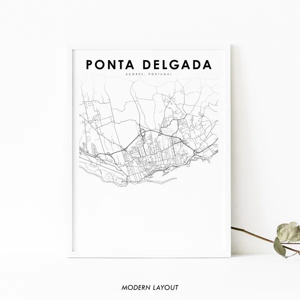 Ponta Delgada Azores Map Art Print, Portugal