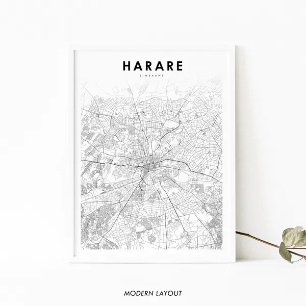 Harare Zimbabwe Map Print, City Street Road Poster