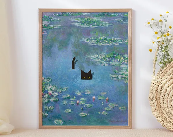 Monet-Inspired Waterlily Cat Art Print