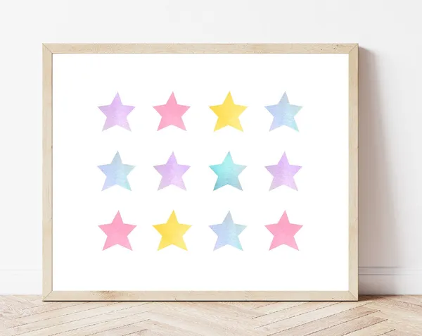 Pastel Stars Landscape Art Print, Girls Bedroom Decor