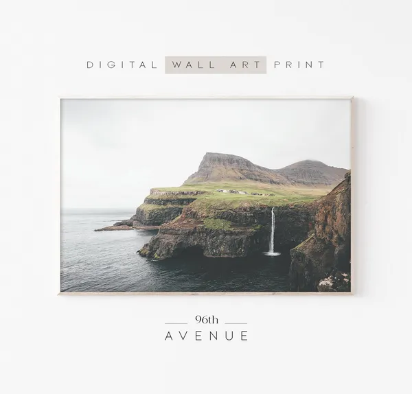 Faroe Islands Landscape Photography, Nordic Waterfall Print