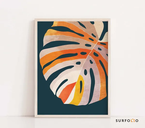 Boho Monstera Leaf Print, Abstract Rainbow Colors