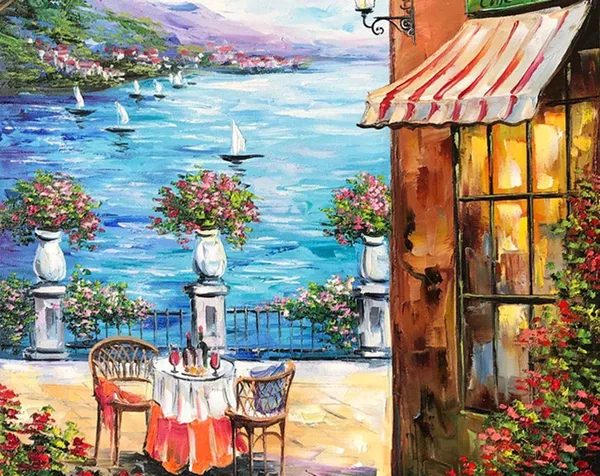 Italian Cafe Landscape, Mediterranean Oil Painting Art