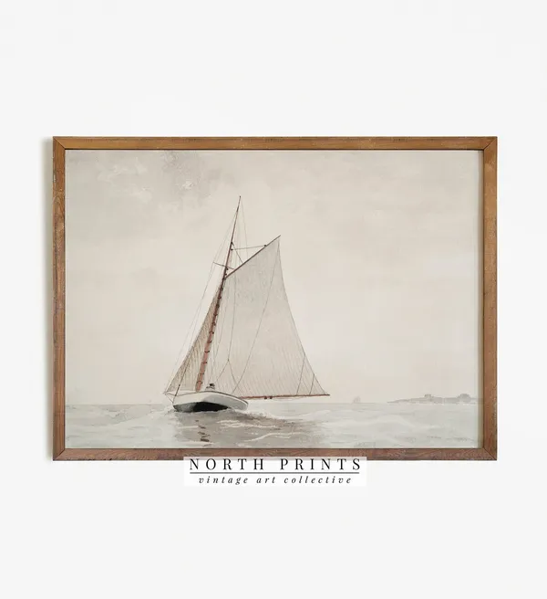 Muted Sailboat Watercolor Art Print, Neutral Lake House Decor