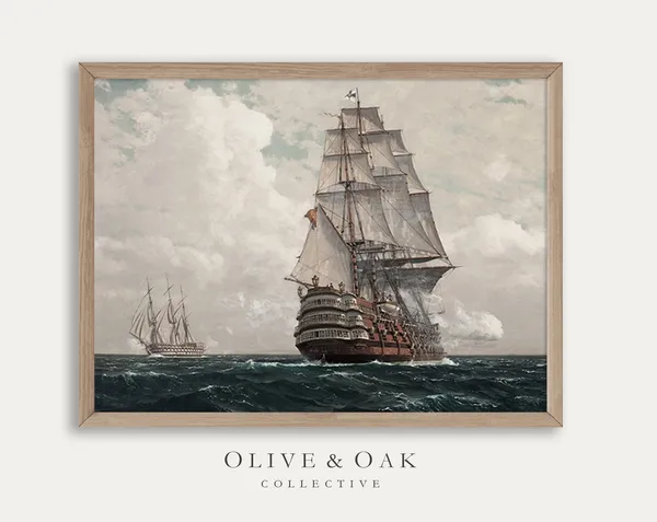 Moody Seascape Vintage Ship Art Print, Coastal