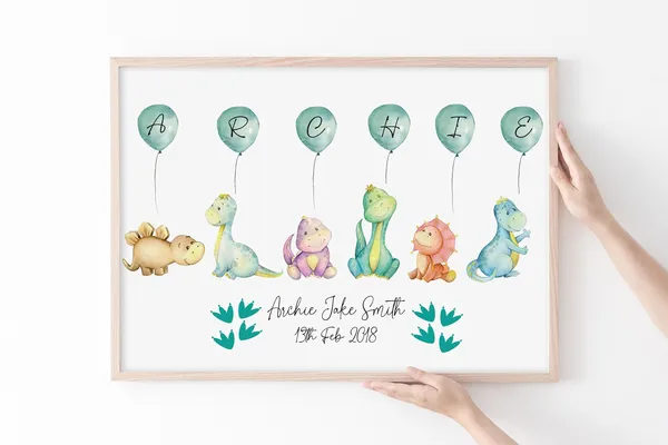 Personalised Dinosaur Balloon Watercolor Art Print
