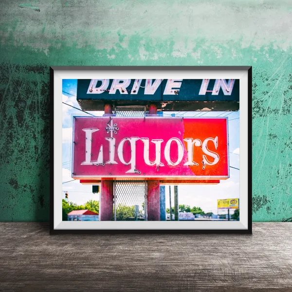 Liquors Drive In Retro Neon Sign, Mid-Century Poster
