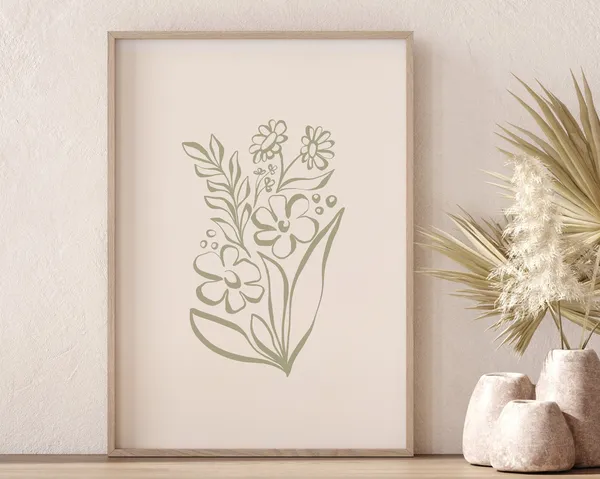 Flowers Line Art Print, Sage Green Botanical Decor